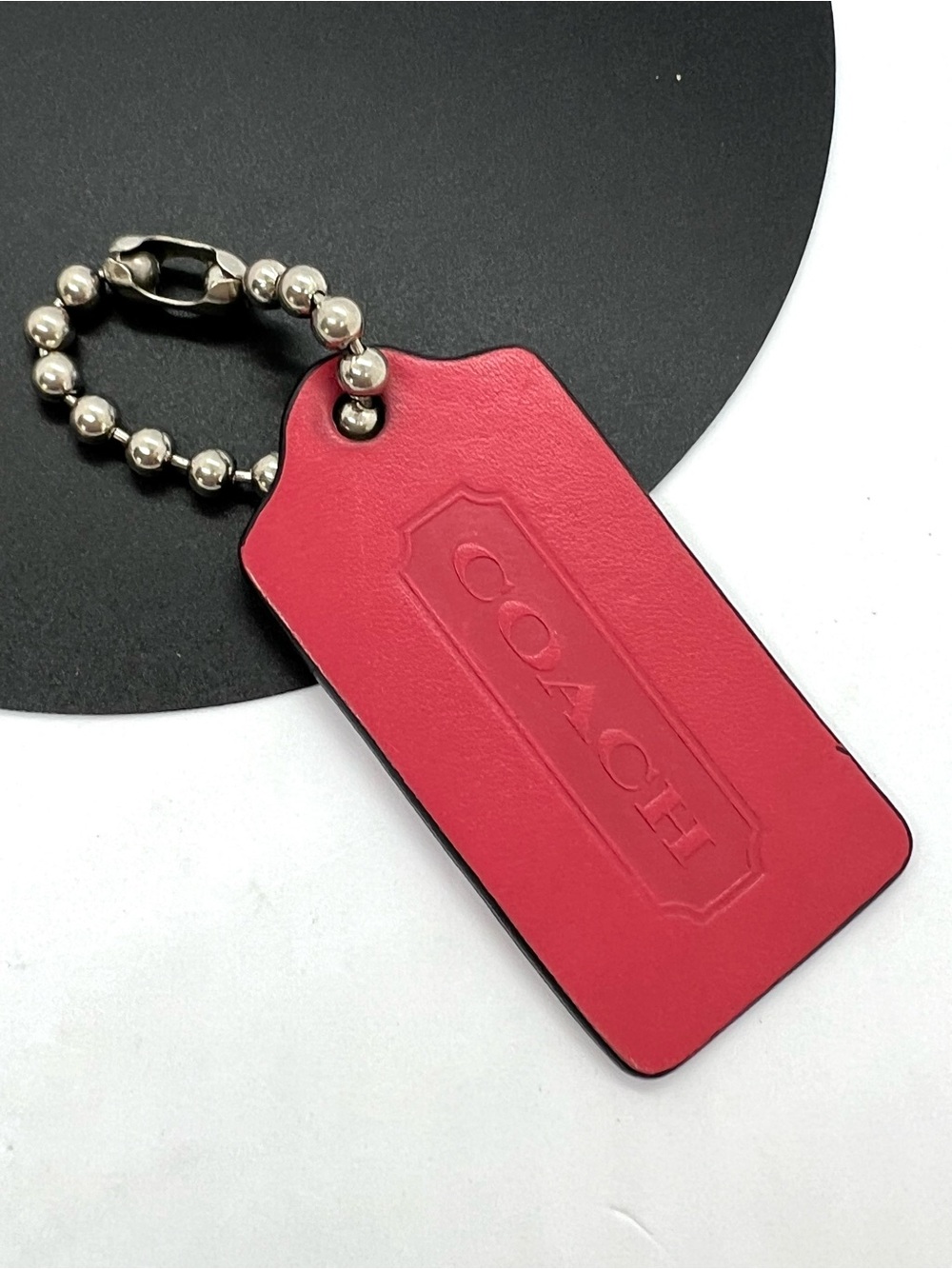 COACH Pink Coral XL 3” Leather Hang Tag Bag Charm Replacement Fob Silver Chain